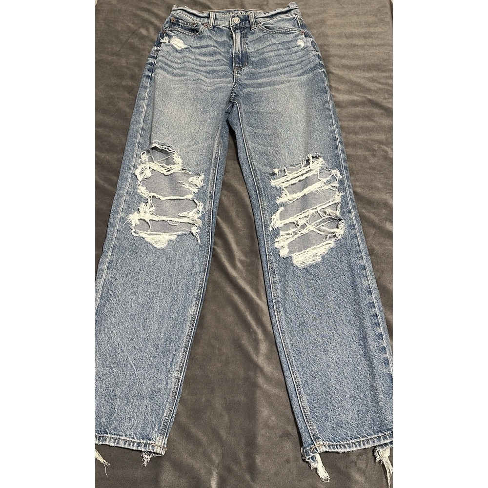 American Eagle Highest Rise Baggy Straight Distressed Blue Denim Jeans Size 0